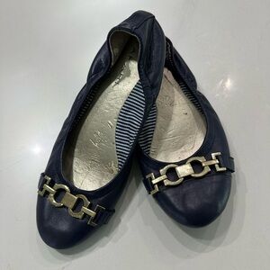 Tahari Blue and Gold Flats with Chain Detail